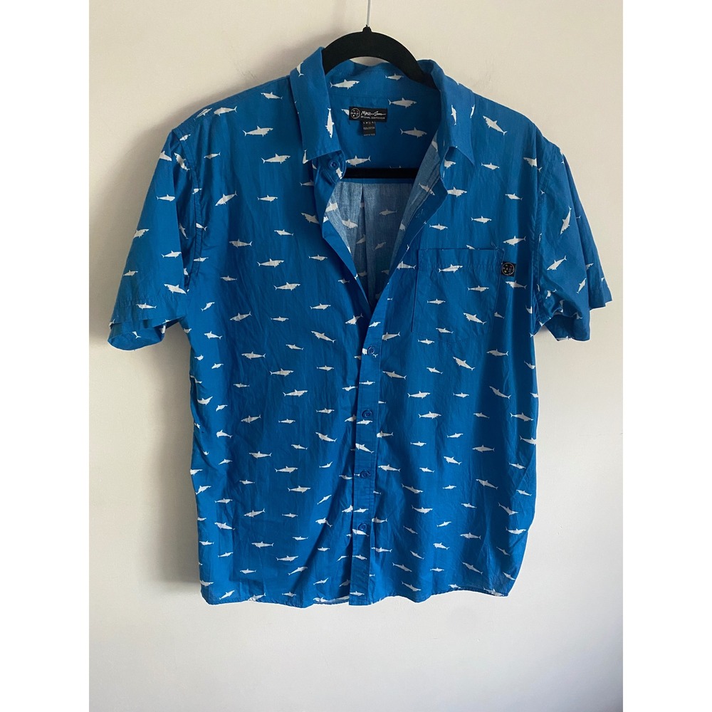 Maui and Sons Blue Short-Sleeve Button-Down Shirt with White Shark Print